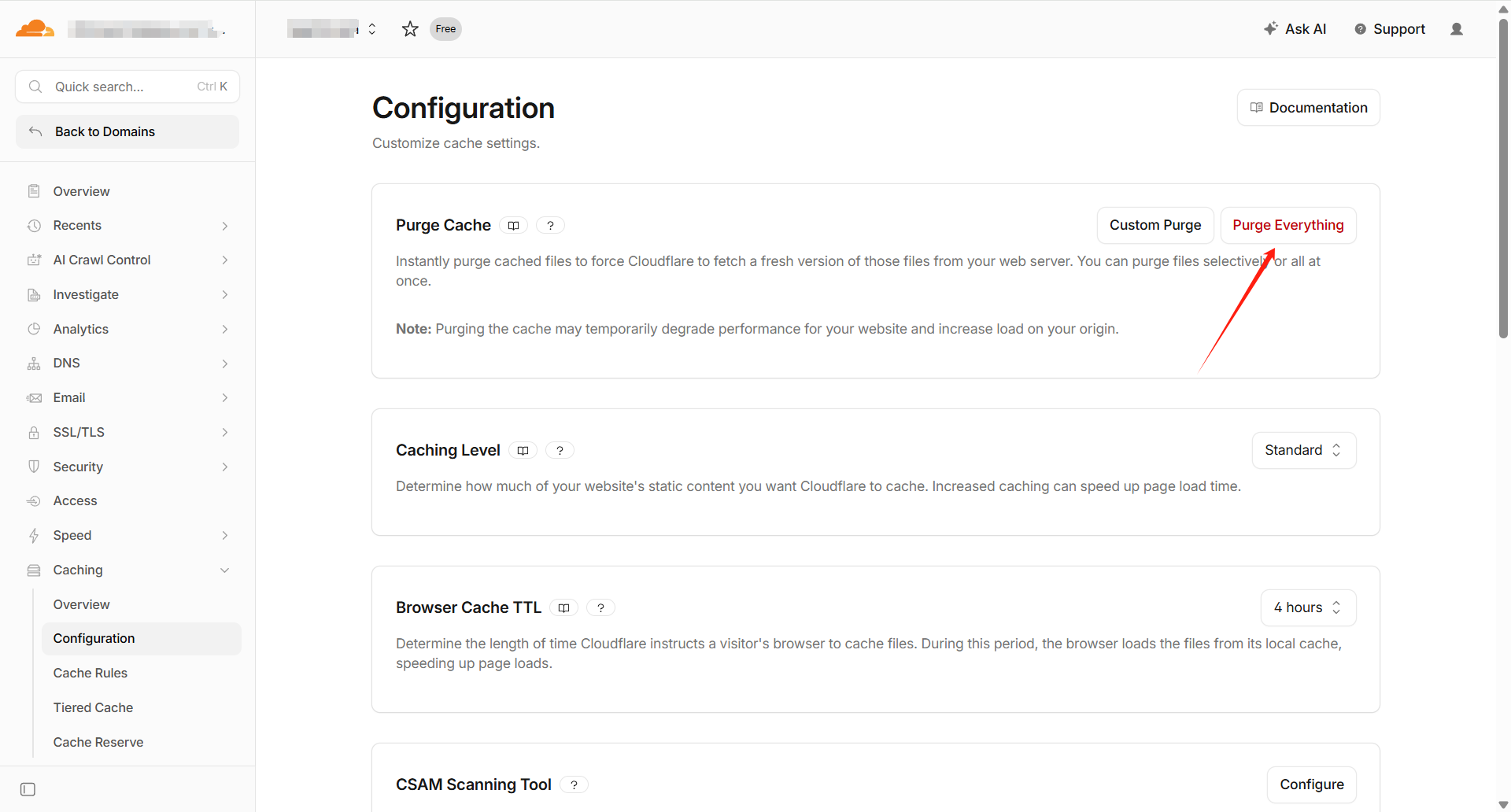 Cloudflare dashboard showing cache configuration and purge options for edge cache management