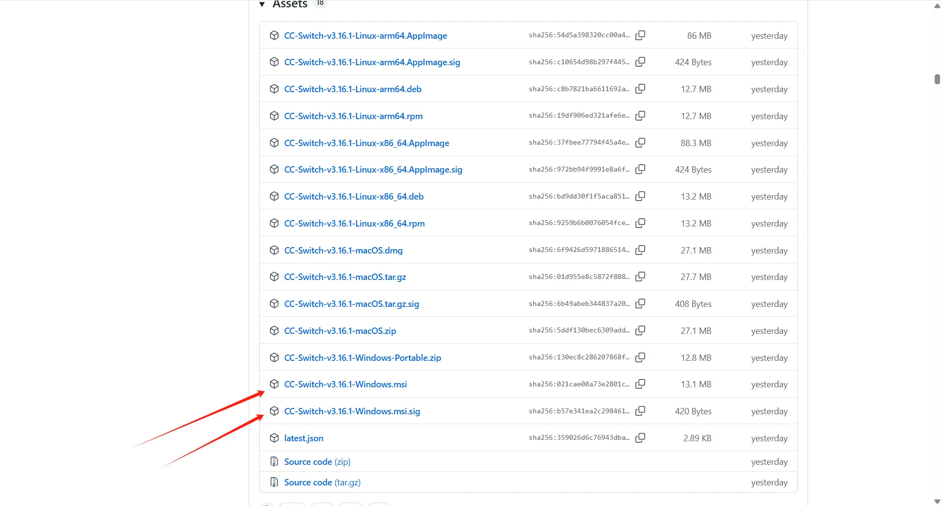 ccswitch GitHub releases page showing download options for Windows