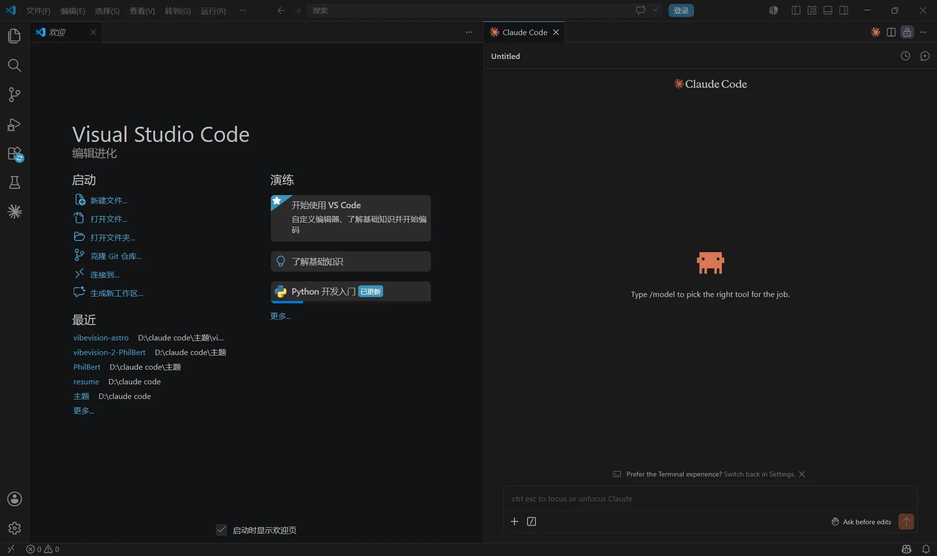 Claude Code extension panel showing successful setup in VS Code sidebar on Windows