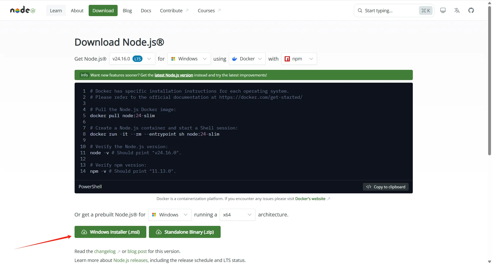 Node.js LTS download page showing version options for Windows installation